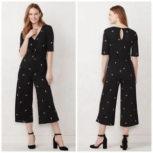 LC Lauren Conrad Black Jumpsuit Floral Crop Wide Leg Lined Ruching